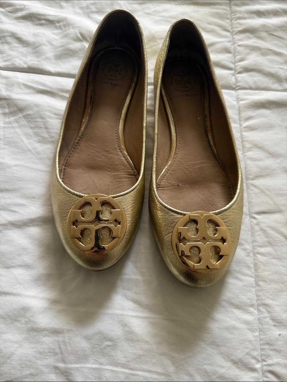 Tory Burch Metallic Gold Logo Leather Ballet Flats
